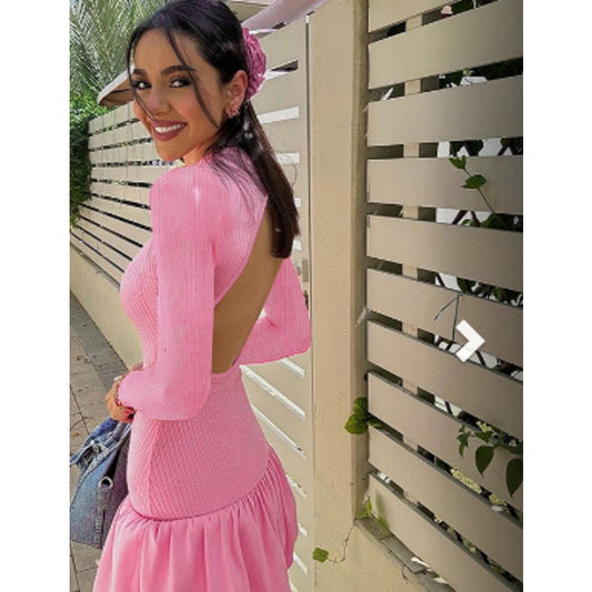 Chicgenes Women's Cut Out Backless Mock Neck Ruffle Long Sleeve Bubble Dress