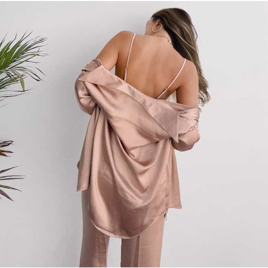 3 Piece Satin Lounge Set | Rose | Chicgenes
