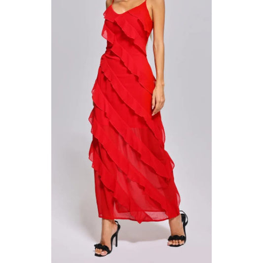 Ladder Ruffle Zippered Long Red Dress | Size Large | Commense