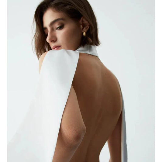 Cowl Neck Open Back Satin Crop Top | Size Large