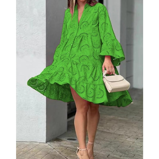 Elegant Embroidery Vintage Solid Color Lace Hollow Out Loose Dress | Chicgenes