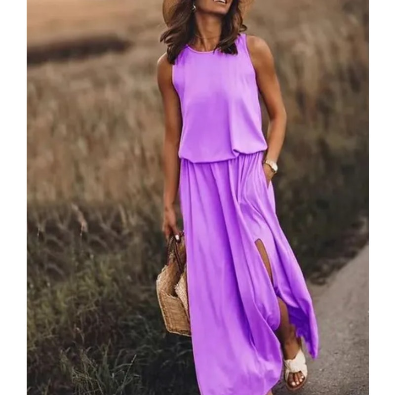 Chicgenes Violet Casual Beachwear T-shirt Maxi Dress with Pockets