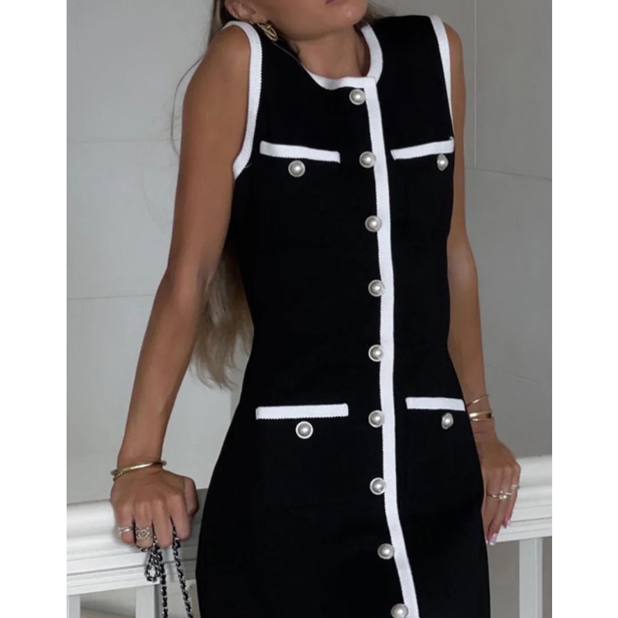 Commense Multi Pocket Button Sleeveless Short Sweater Dress Size Small