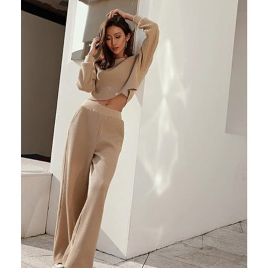 Tori 2 Piece Waffle Pants Set in Camel | Size Small | Chicgenes