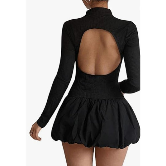 Chicgenes Women's Cut Out Backless Mock Neck Ruffle Long Sleeve Bubble Dress