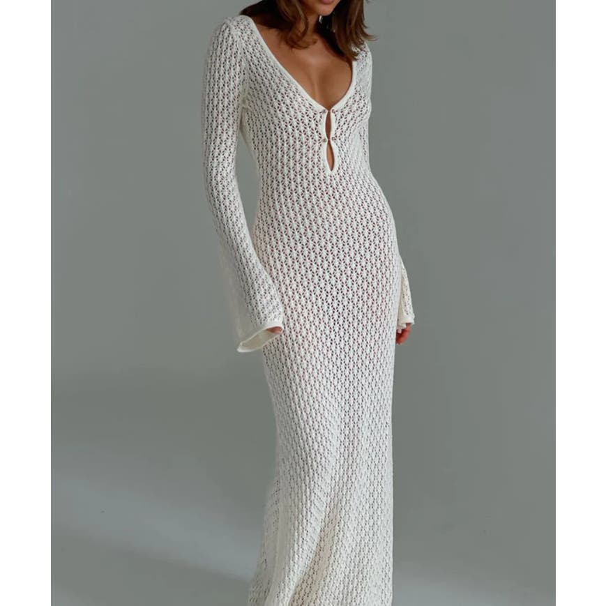 Cover Up Long Sleeve Open Back Long Dress | Commense