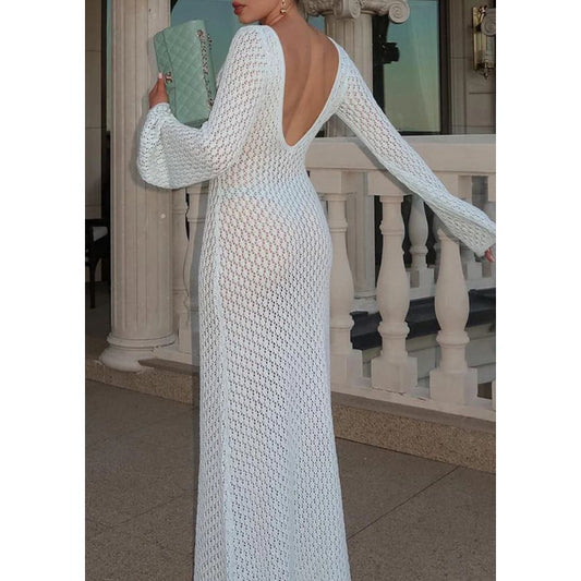 Cover Up Long Sleeve Open Back Long Dress | Commense