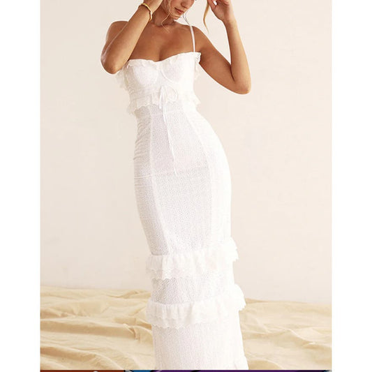 Cup Detail Layered Ruffle Eyelet Long Dress | Size M | Commense