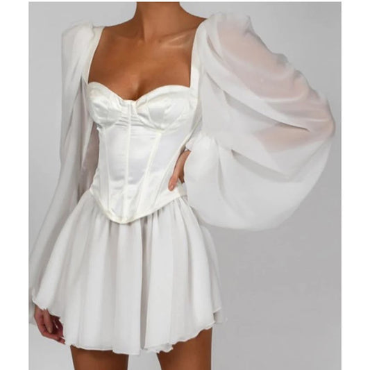 Chiffon Long Sleeve Satin Corset Mini Dress | Size Medium | Commense