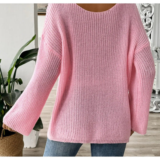 Chicgenes Oversized Bow Boat Neck Long Sleeve Sweater