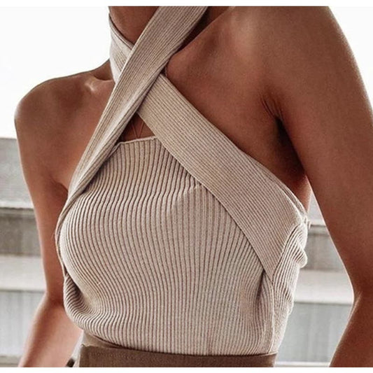 Chestnut Halter Rib Knit Top | Size Large | Commense