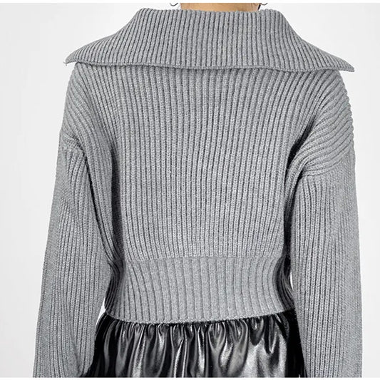 Commense Ribbed Cropped Gray Lapel Sweater Size Small