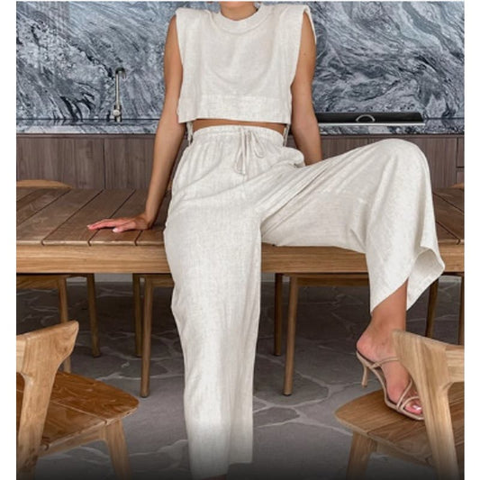 Khaki Two Piece Utility Linen Set, Wide Leg | Size Medium | Commense