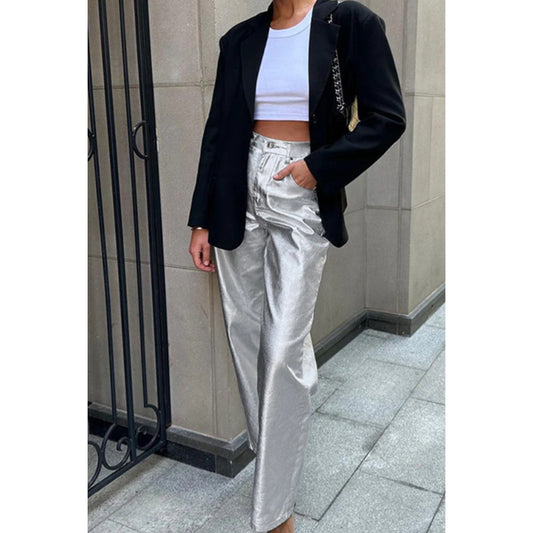Metallic Leather Straight Leg Pants Size Small -4 | Commense