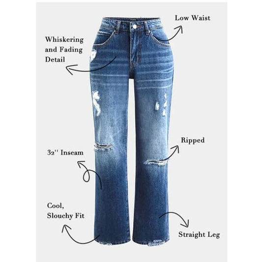 Ripped Low Waist Straight Leg Jeans, M