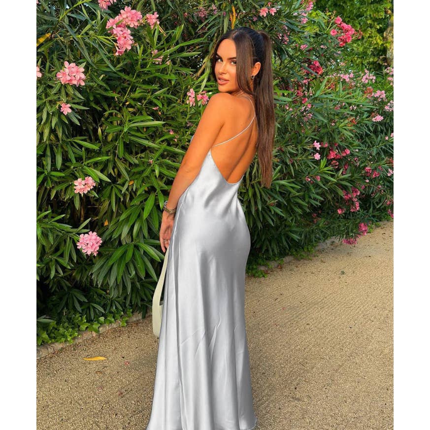 π Commense Green Zippered Open Back Satin Flowy Long Dress - Size Large - Elegance Meets Allure! π