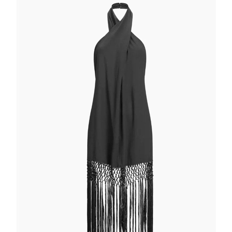 Capri Fringed Open Back Halter Midi Dress | Size XL | Commense