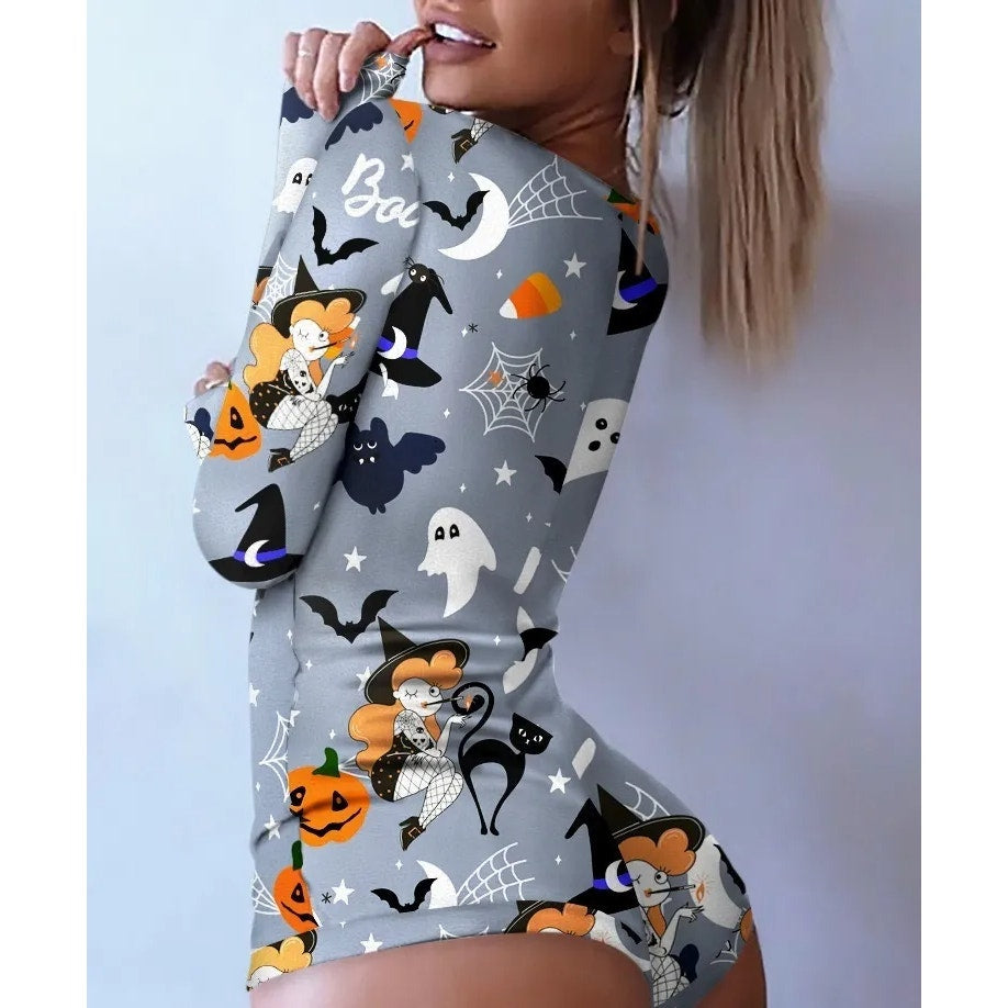 Halloween  Print Button Front Lounge Romper | Chic Me