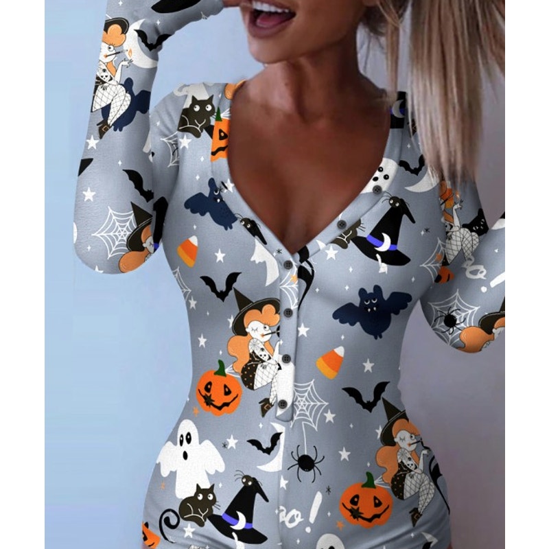 Halloween  Print Button Front Lounge Romper | Chic Me