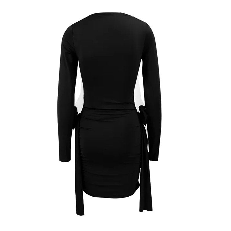 Glory Black Soft Touch Long Sleeve Rose Detail Ruched  Dress| Chicgenes