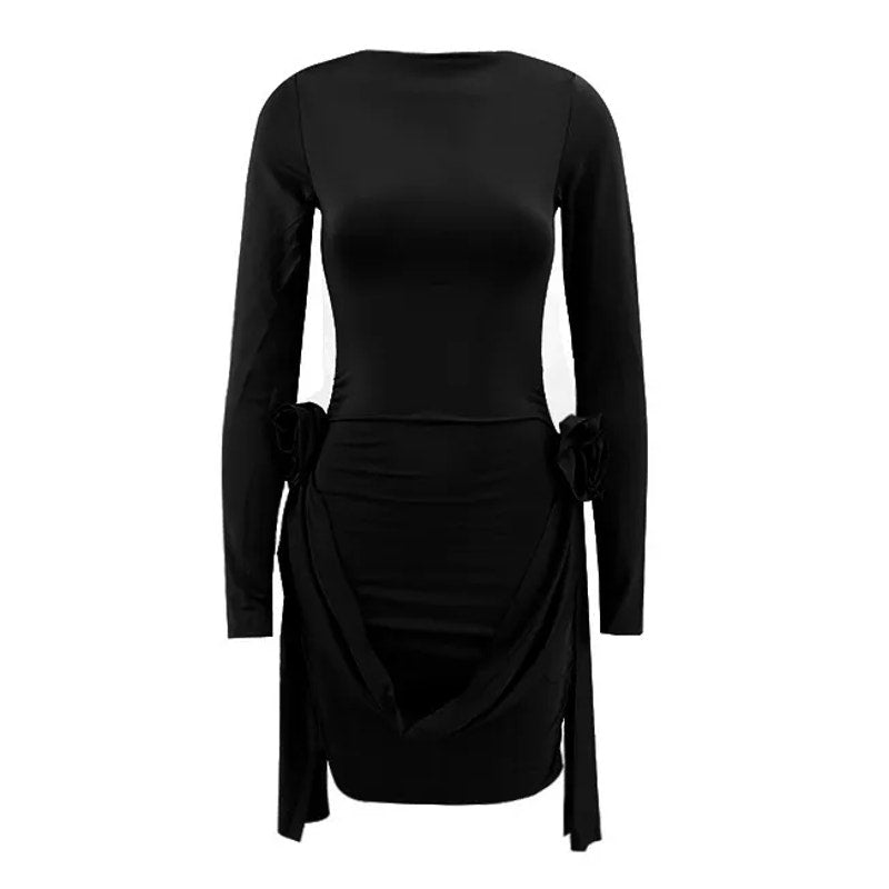 Glory Black Soft Touch Long Sleeve Rose Detail Ruched  Dress| Chicgenes