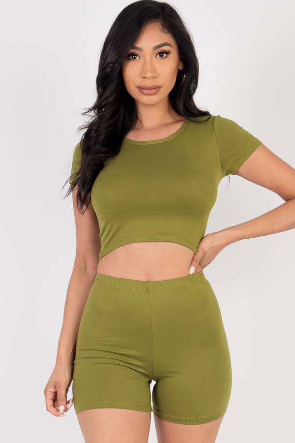 Solid Active Short Sleeve Crop Top shirt & Biker Shorts Set