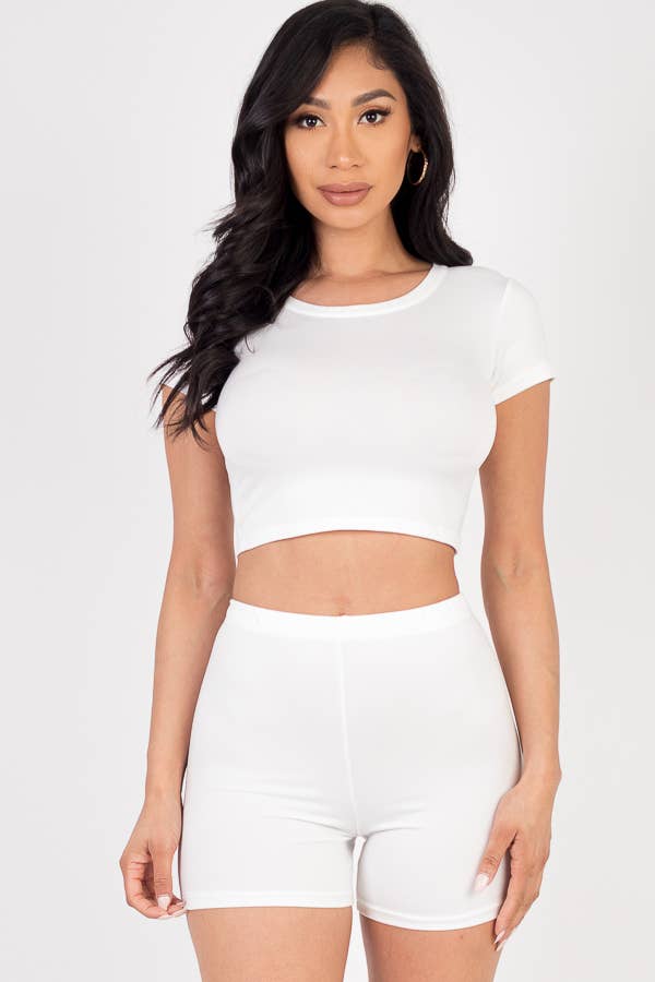 Solid Active Short Sleeve Crop Top shirt & Biker Shorts Set