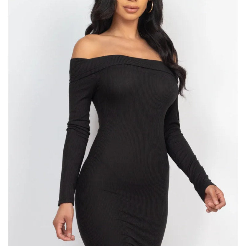 Ribbed Off Shoulder Black  Bodycon Dress | Capella