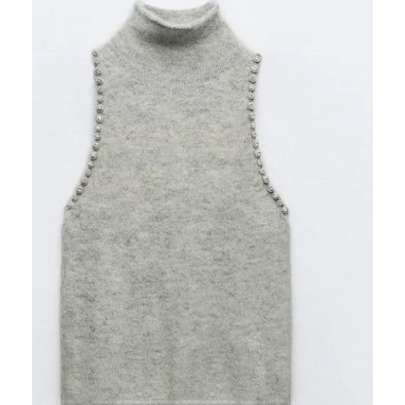 Sleeveless Jewel Knit top - Gray | Size Small | Commense