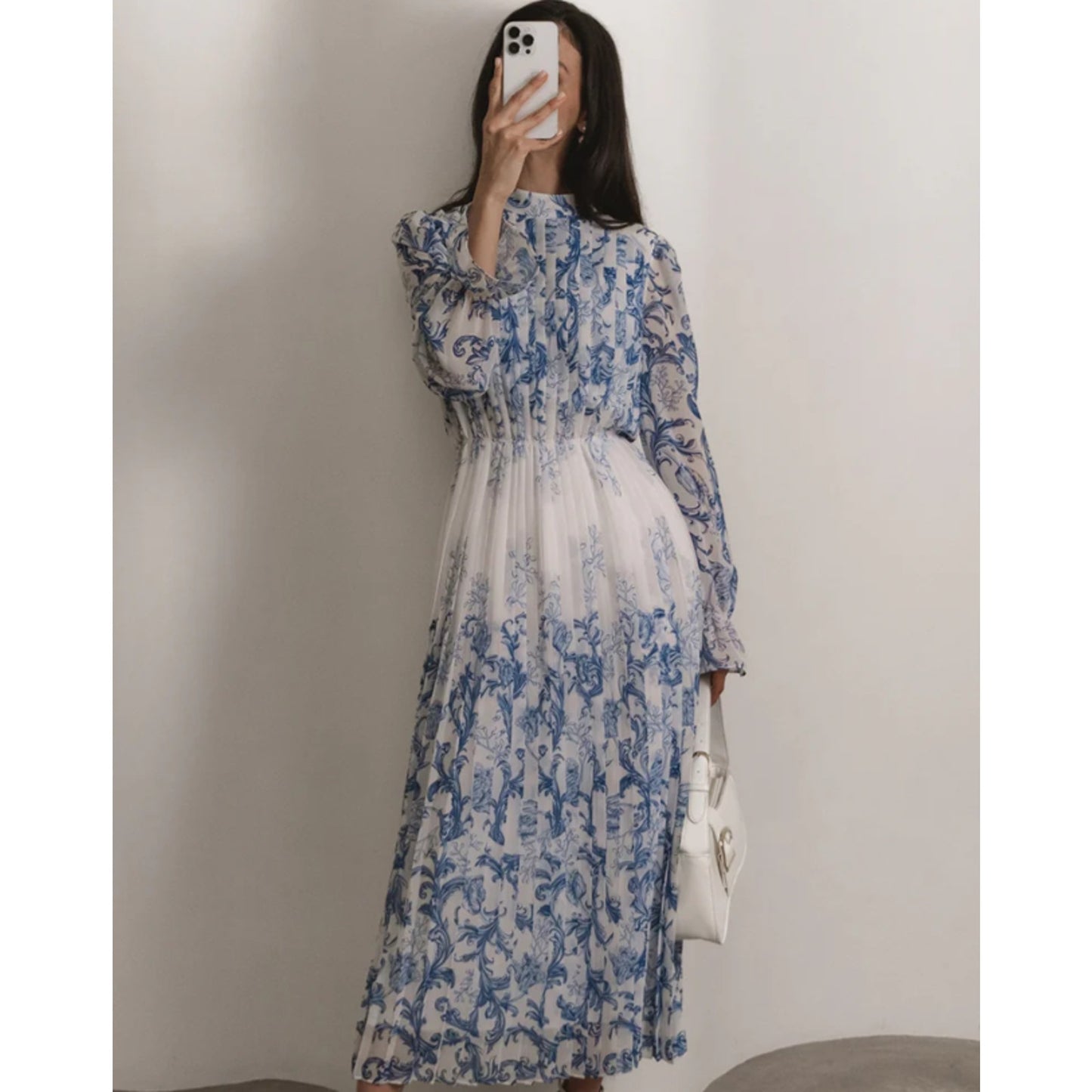 Plant Pattern Printed Pleated Long Dress | Size M | Commense