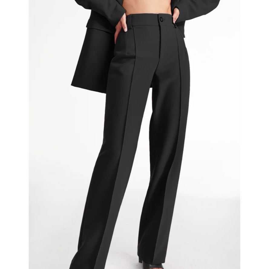 High Waisted Pleat Front Solid Colored Straight Leg Trousers | Size M