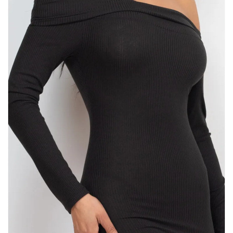 Ribbed Off Shoulder Black  Bodycon Dress | Capella