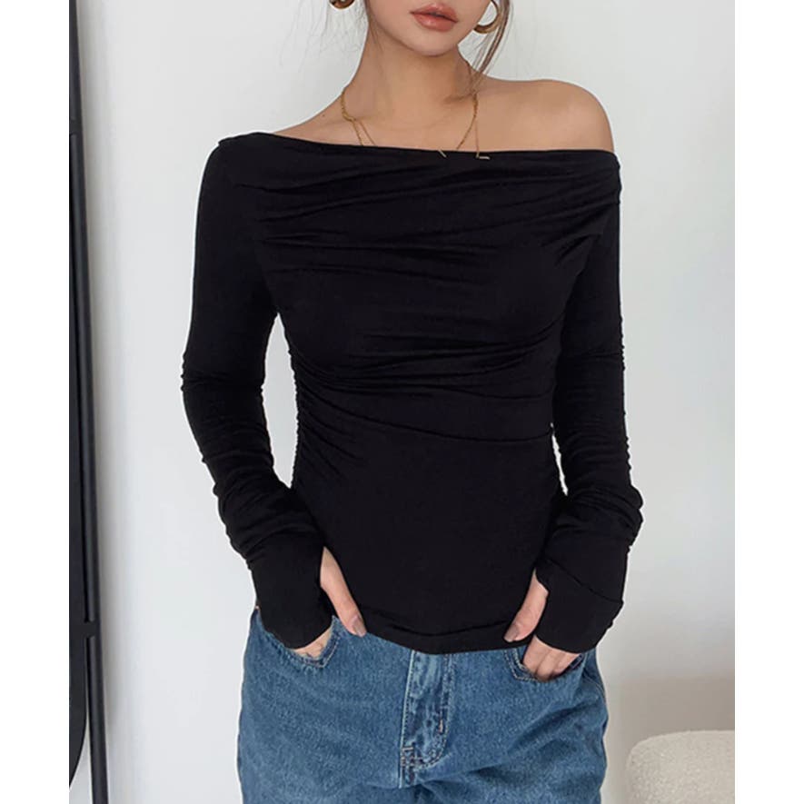 Asymmetrical Off Shoulder Long Sleeve Shirt - Black | Size small