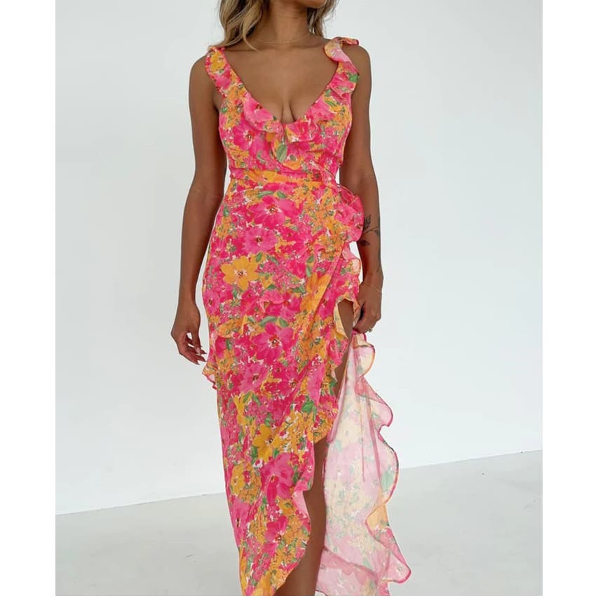 Tropical Passion Floral Ruffle Long Dress | Commense | Size XL