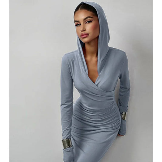 Elegant V Neck Hooded Bodycon Maxi Dress | Size Small