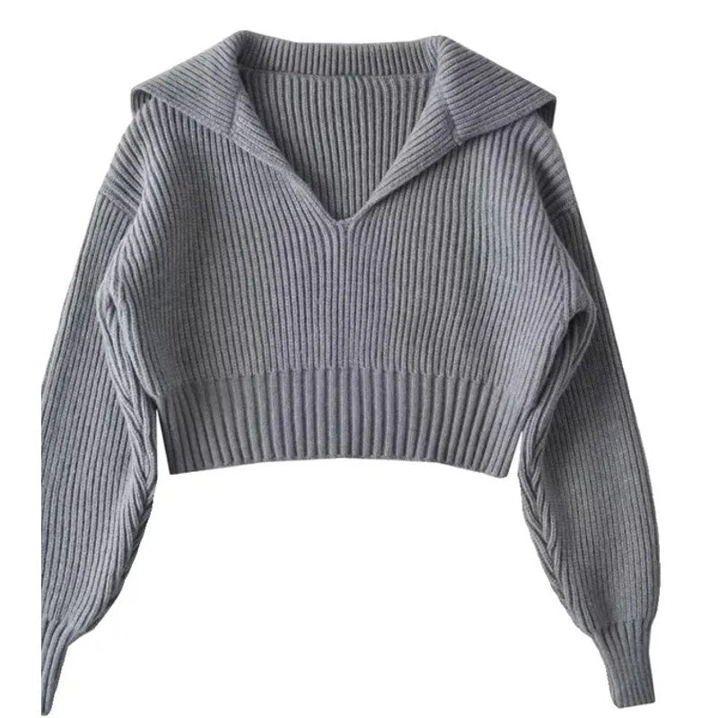 Commense Ribbed Cropped Gray Lapel Sweater  Size Small