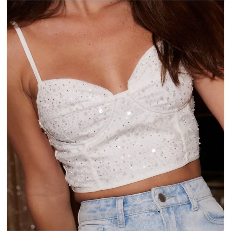 12th Tribe  Graceland White Sequin Crop Top |Size Small