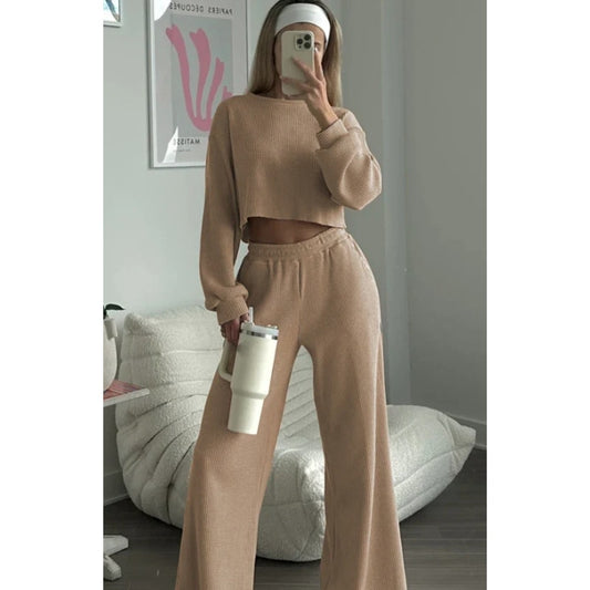 Tori  2 Piece Waffle Pants Set in Camel | Size Small | Chicgenes