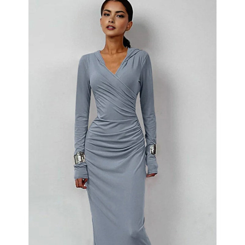 Elegant V Neck Hooded Bodycon Maxi Dress | Size Small