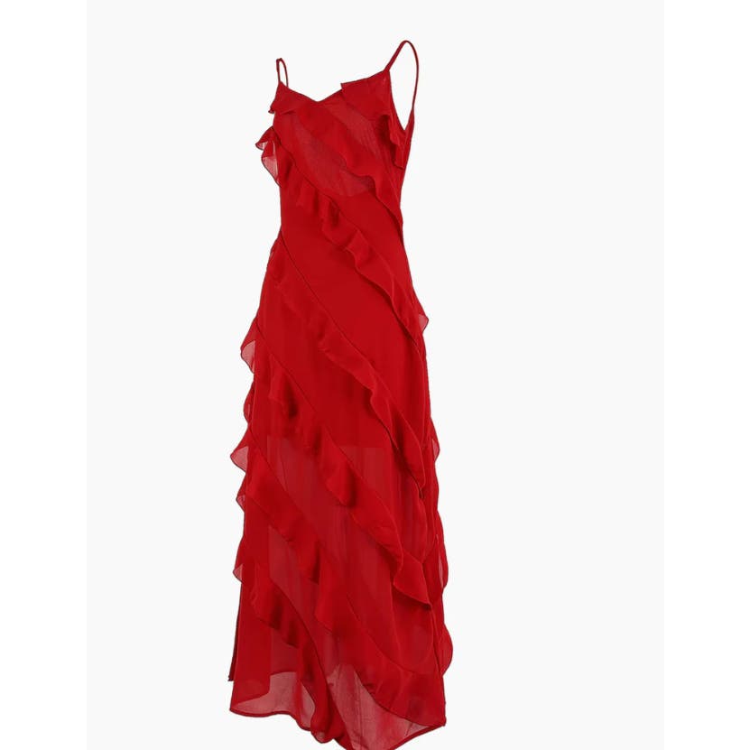 Ladder Ruffle Zippered Long Red Dress  | Size Large | Commense