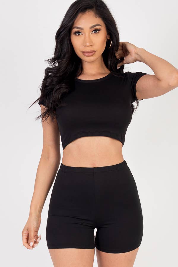 Solid Active Short Sleeve Crop Top shirt & Biker Shorts Set