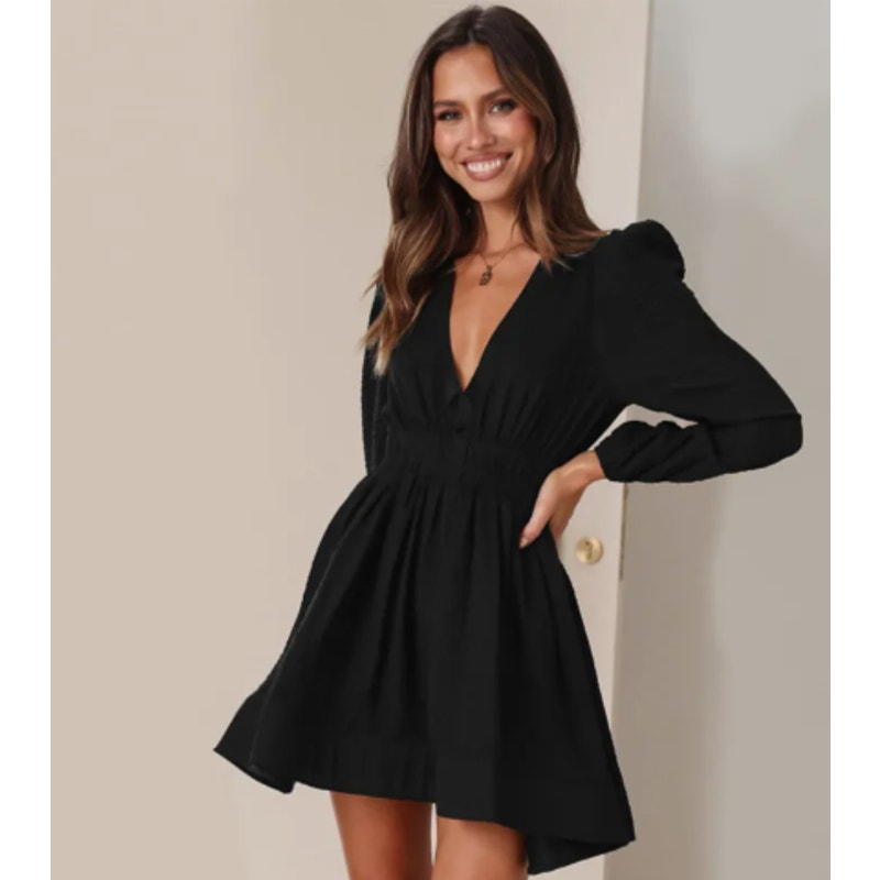 Midnight Swing  Long-Sleeve V-Neck Mini Dress | Size Small | Chicgenes