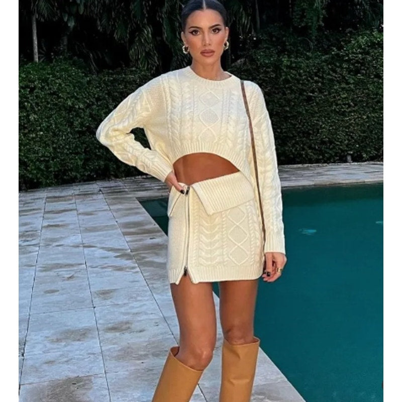 Cable Knit Chic: Cropped Sweater & Fold-Over Mini Skirt Set | Chicgenes