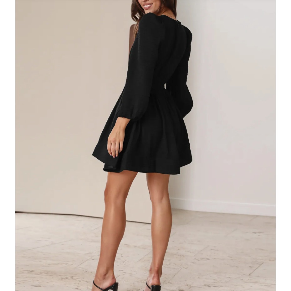 Midnight Swing  Long-Sleeve V-Neck Mini Dress | Size Small | Chicgenes