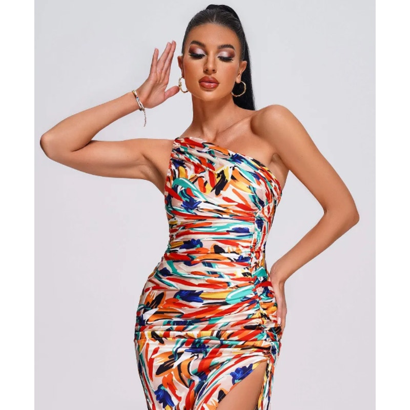 Split One Shoulder Printed Midi Dress | Size XL | Bella Barnett