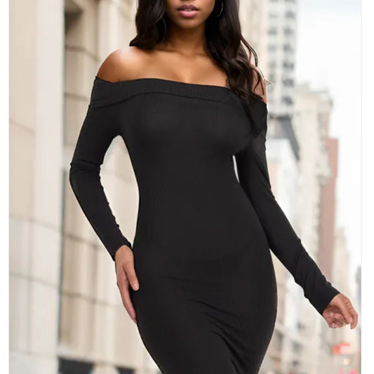 Ribbed Off Shoulder Black  Bodycon Dress | Capella