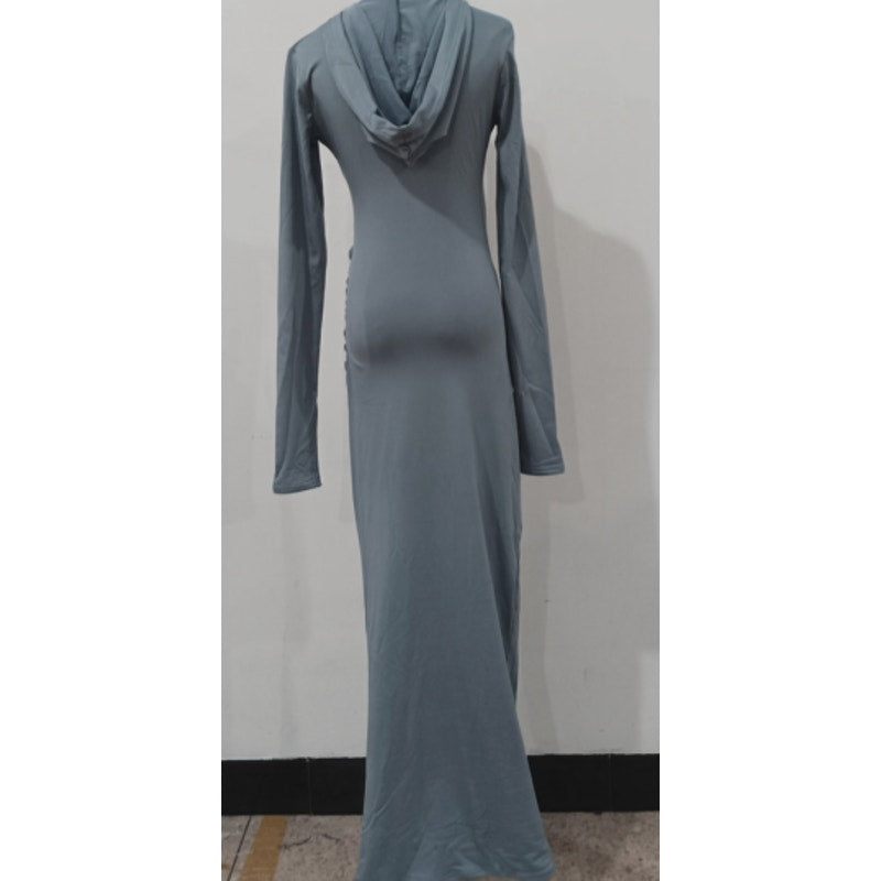 Elegant V Neck Hooded Bodycon Maxi Dress | Size Small