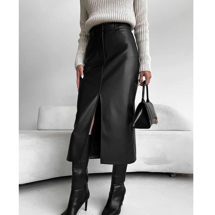 Faux Leather Slit Midi Skirt |Size Small