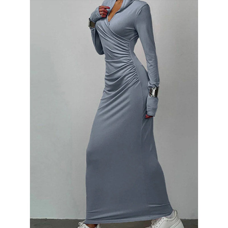 Elegant V Neck Hooded Bodycon Maxi Dress | Size Small