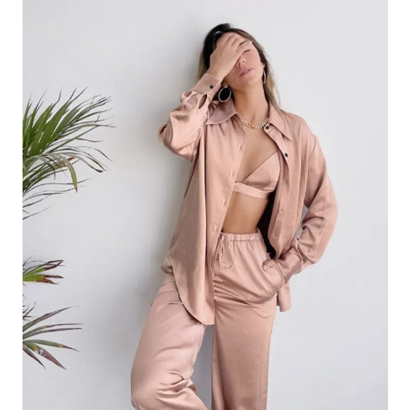 3 Piece Satin Lounge Set  | Rose | Chicgenes